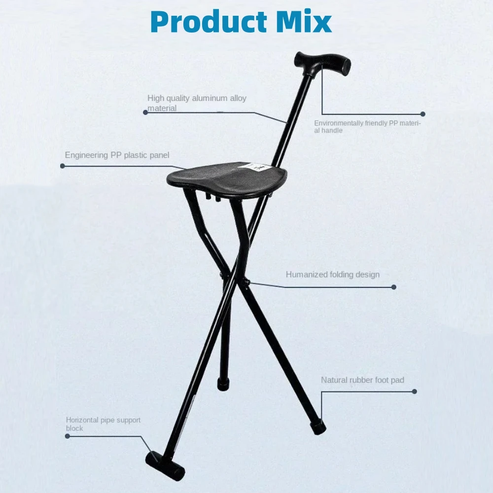 Walking Stick For The Elderly Multi Functional Anti-Skid Three-Legged Stool Walking Stick Aluminum Alloy Portable Folding Chair