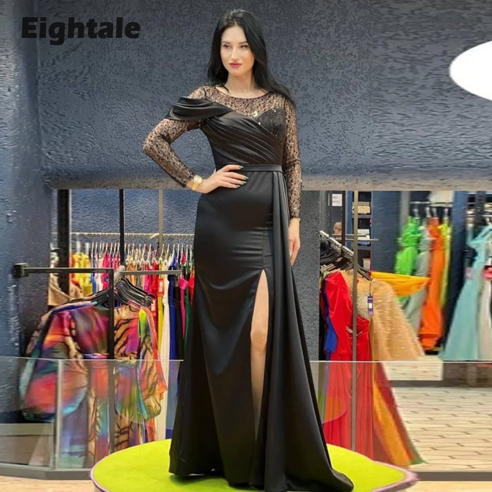 

Роскошные вечерние платья с О-образным вырезом и длинными рукавами с разрезом сбоку официальные платья русалки для выпускного вечера и Свадьбы Атласные блестящие платья