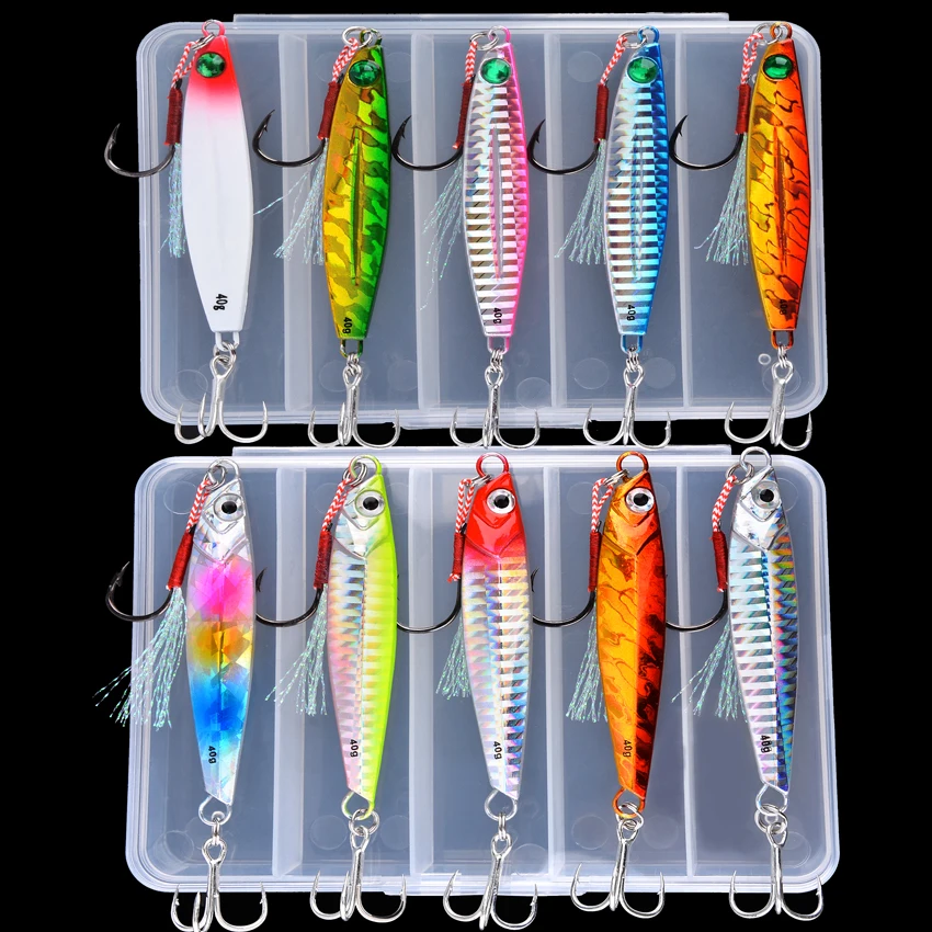 5pcs/box Slow Sinking Metal Cast Jig Spoon Set 7g-40g Shore Throwing Sea Bass Bait Artificial Bait Fishing Tackle for Tuna