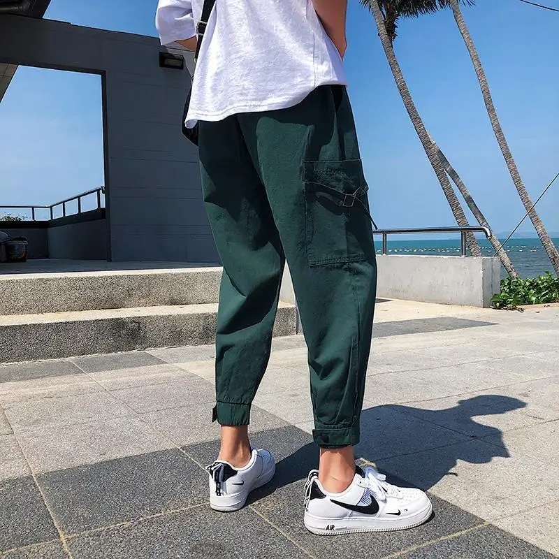 Spring Summer Fashion High Waist Loose Men's Clothing All MatchSolid Color Tie Feet Slimming Pockets Solid Cotton Casual Pants