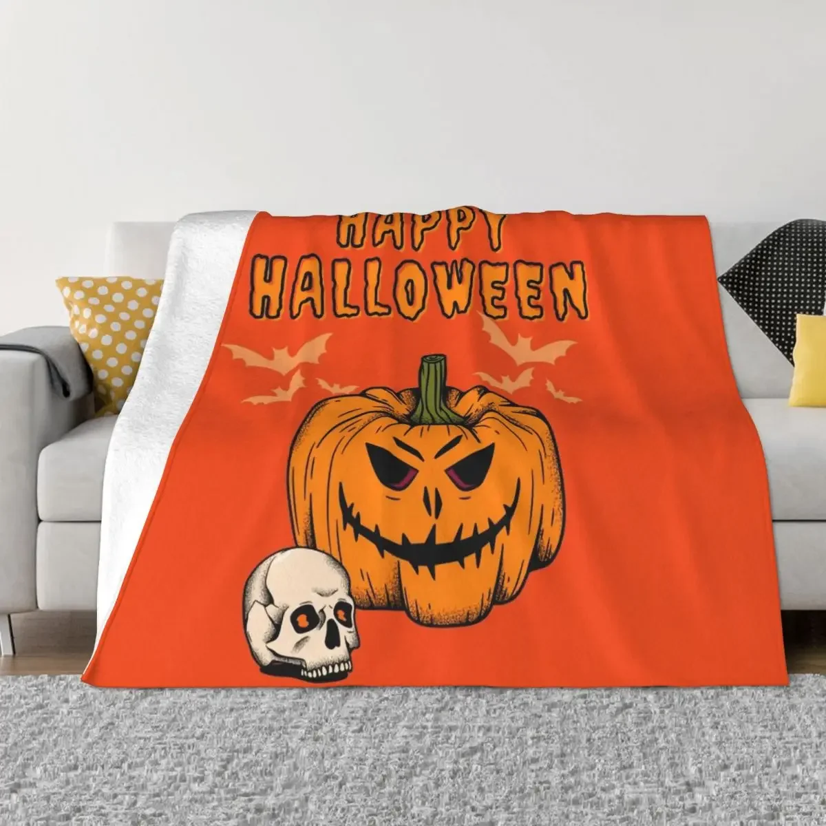 

Happy Halloween Blanket Flannel Pumpkin Skull Cozy Soft FLeece Bedspread