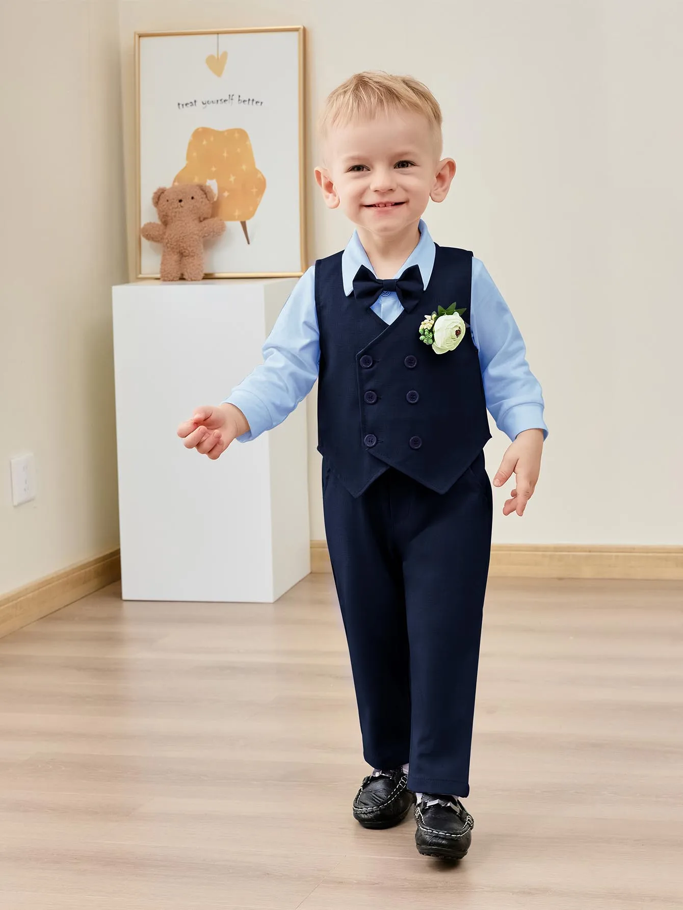 Baby Boy Clothes Suits 5PC Infant Gentleman Outfit Dress Shirt+Bowtie+Vest+Corsage+Pants Toddler Boy Wedding Party Outfits 5