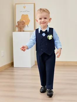 Baby Boy Clothes Suits 5PC Infant Gentleman Outfit Dress Shirt+Bowtie+Vest+Corsage+Pants Toddler Boy Wedding Party Outfits 5