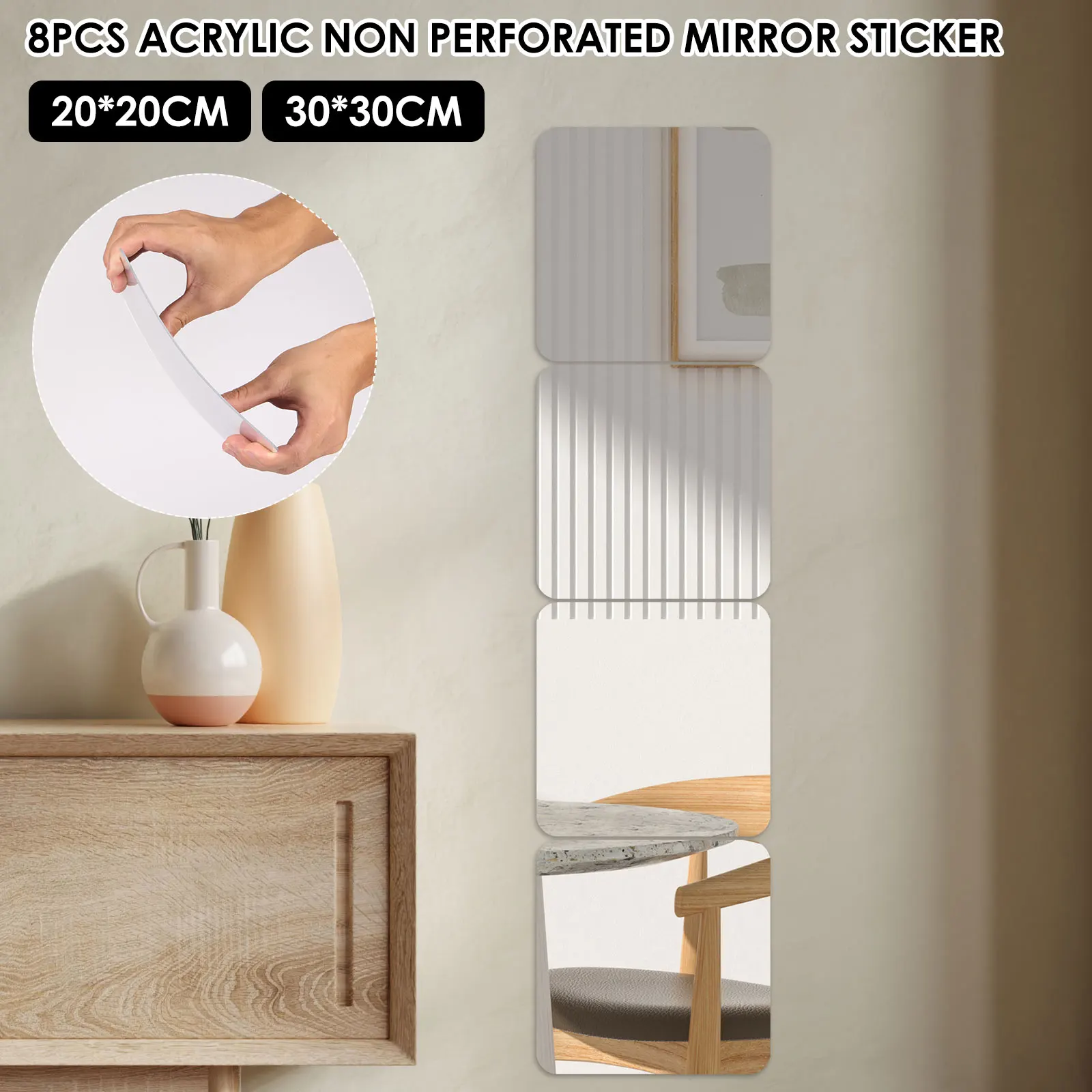 8 יחידות קיר מראה אריחים 7.9 אינצ 'דבק עצמי מראה אקרילי מרובע אורך קיר מדבקות גוף מלא