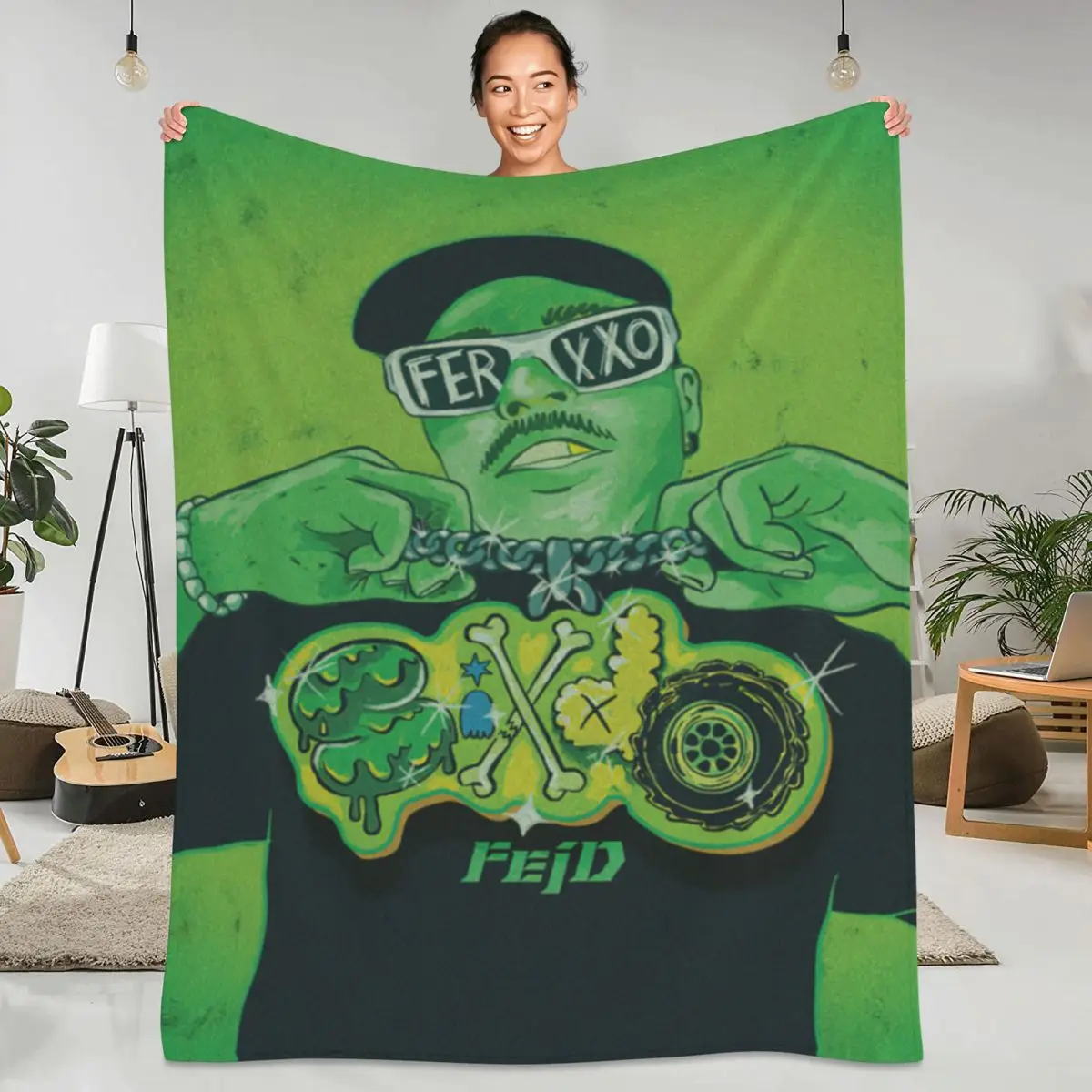 Soft Warm Blanket Travelling F-Feid Ferxxo Throw Blanket Pop Rapper Green Flannel Bedspread Couch Chair Novelty Sofa Bed Cover