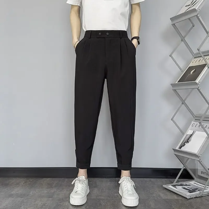 Pantalones de traje masculino trenzados, elásticos, ajustados, de verano, para hombre, para negocios, 9 pantalones cortos, para vestir en sociedad, para hombre chino 2024