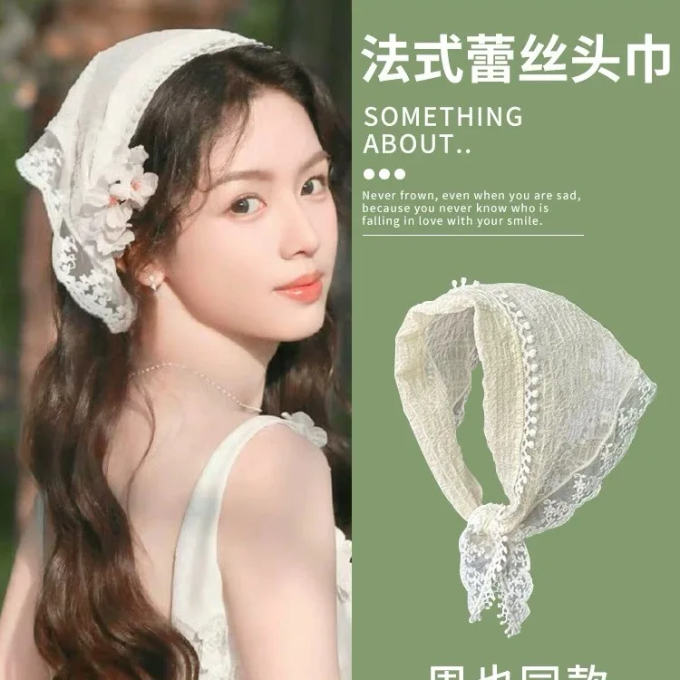 Women's Lace Triangle Scarf Lightweight French Retro Headscarf Summer Pastoral Style Head Wrap Veil Accessory