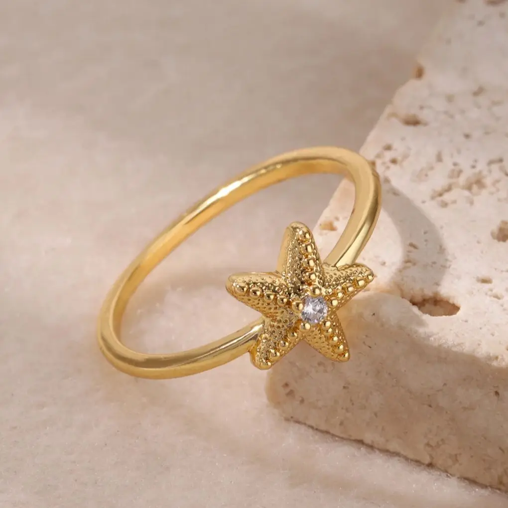 Zircon Starfish Rings Geometric Gold Stainless Steel