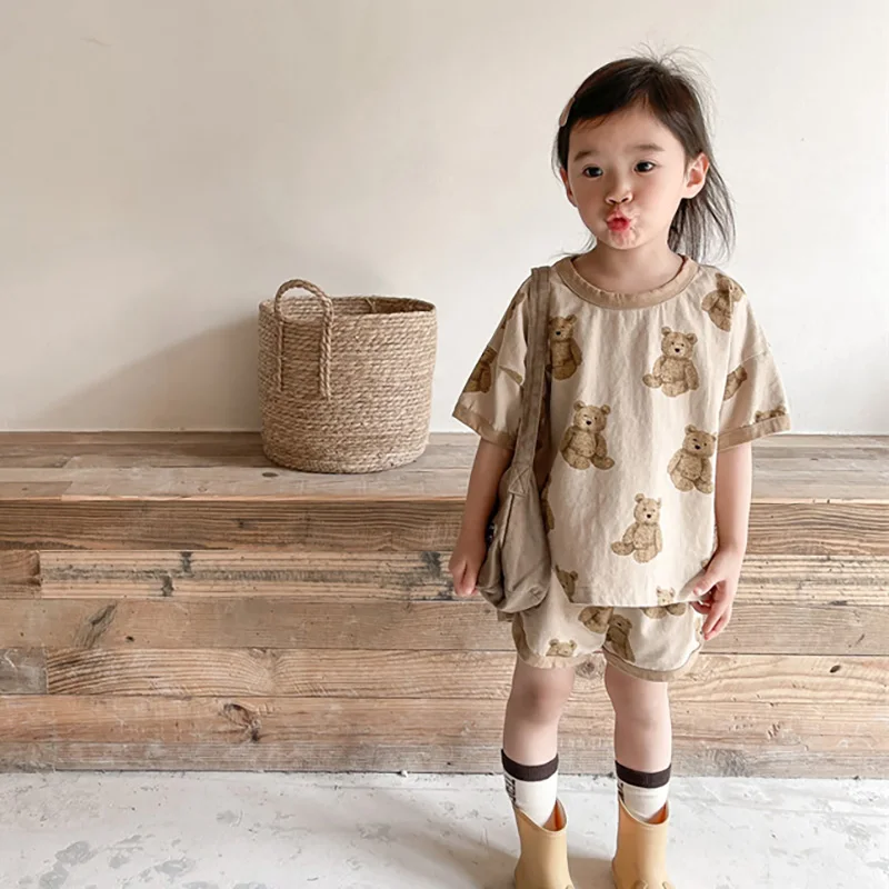 Kids Bear Print Summer Clothing Set Vintage Tee and Shorts