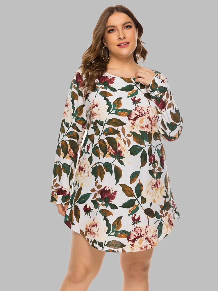 

Plus Size Women's 2022 New Spring Autumn O Neck Printed Loose Casual Long Sleeve Shirt Dress For Fashion