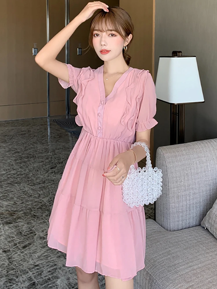 Summer Pink Chiffon Butterfly Sleeve V Neck Mini Dress Women Solid