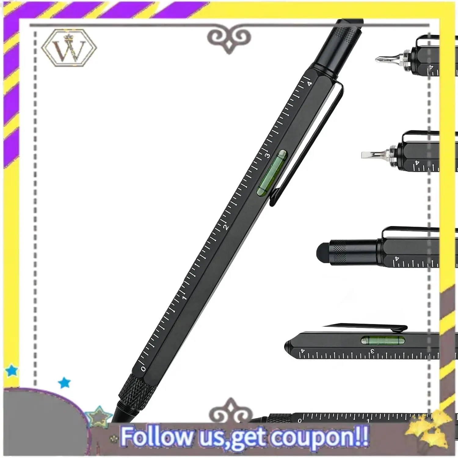 새로운 멀티툴 펜 멋진 가제트, 스타일러스가 포함된 참신한 펜, 레벨, 눈금자, 드라이버, 아빠 남편을 위한 생일 선물 Black Durab