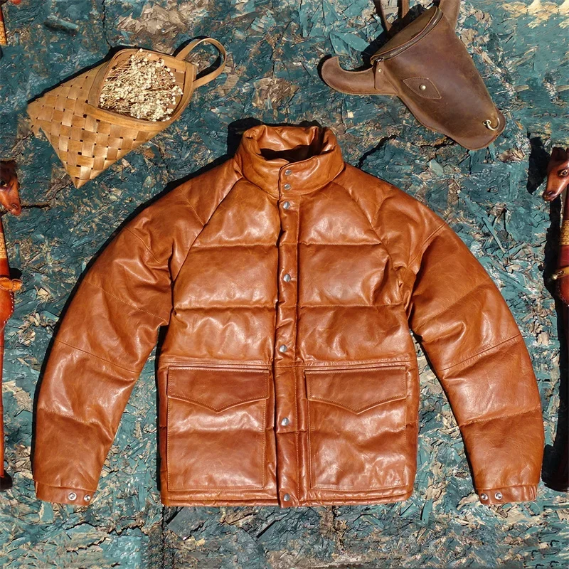 Kimura Style Big Bread Down Jacket!beeswax Color Oil Wax Small Young Horse Skin Leather Leather Jacket Male White Duck Down