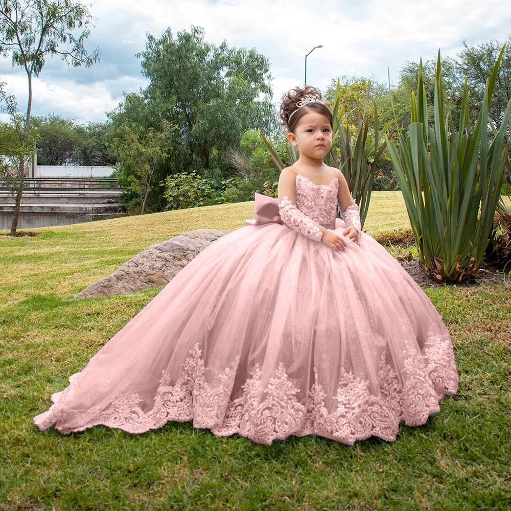 Flower Girl Dresses Floral Applique Dress Pink Tulle Flower Girl Dress Wedding Full Sleeves Puffy Applique Floor Length Princess Kids Birthday First Communion Gown