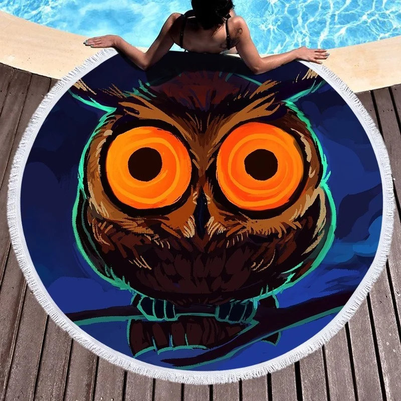 Creative owl Round beach towel Pareo  luxury   MicrofiberTowel  Beach mat   For home