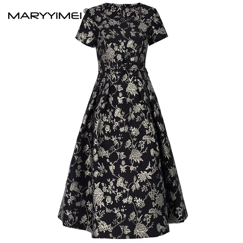 

MARYYIMEI Fashion Women's New Square-Neck Short-Sleeved Jacquard Lace-Up Elegant Black Vintage Ball Gown Slim-Fit A-Line Dress