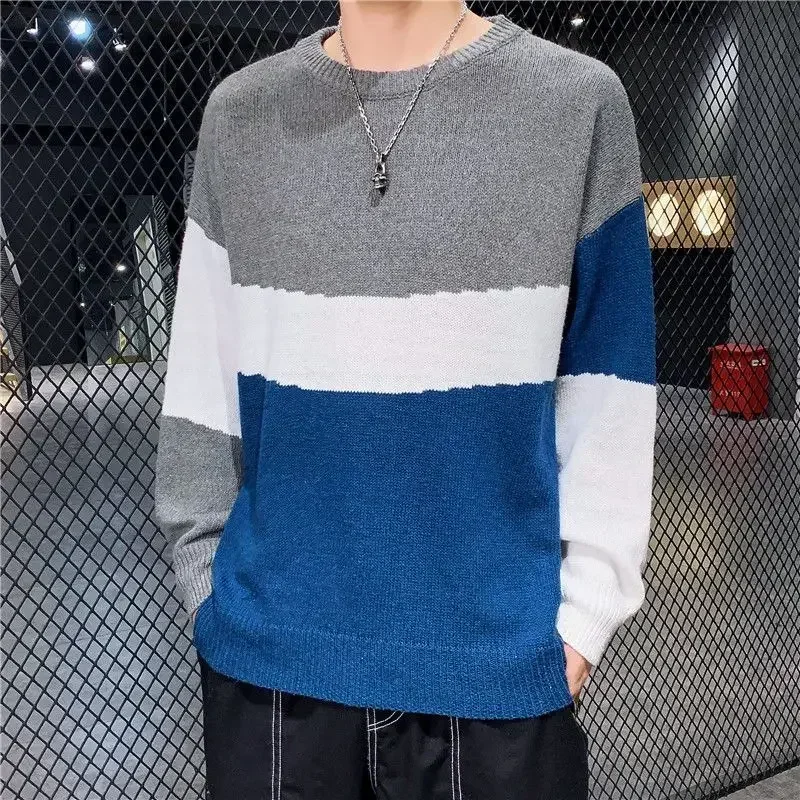 

Knitted Sweaters for Men Round Collar Man Clothes Pullovers Crewneck Blue Striped Spliced Smooth Aesthetic Meme Fashion 2023 S A