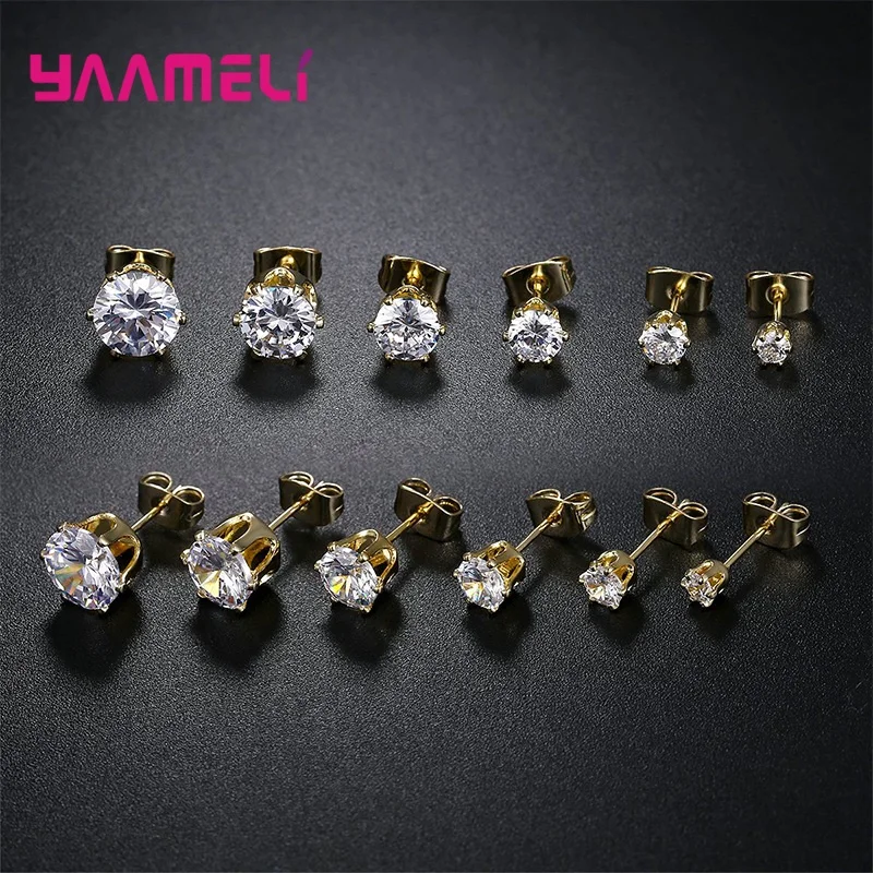 925 Sterling Silver Stud Earring Cubic Zircon Rhinestone Claw Setting Jewelry for Man Woman 3/4/5/6/7/8MM Mix Size 6 Pairs