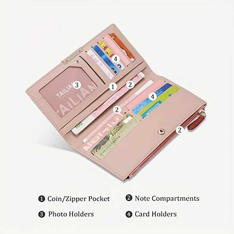 Portafoglio ultra sottile da donna, porta carte di credito con blocco RFID, portamonete lungo da viaggio con cerniera bifold - immagine 5