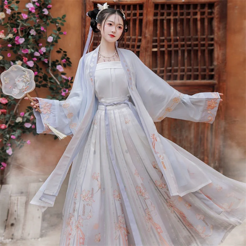 

China traditional Hanfu women's daily summer antique smooth silk waist-high skirt Super fairy retro girlfriends suit skirt
