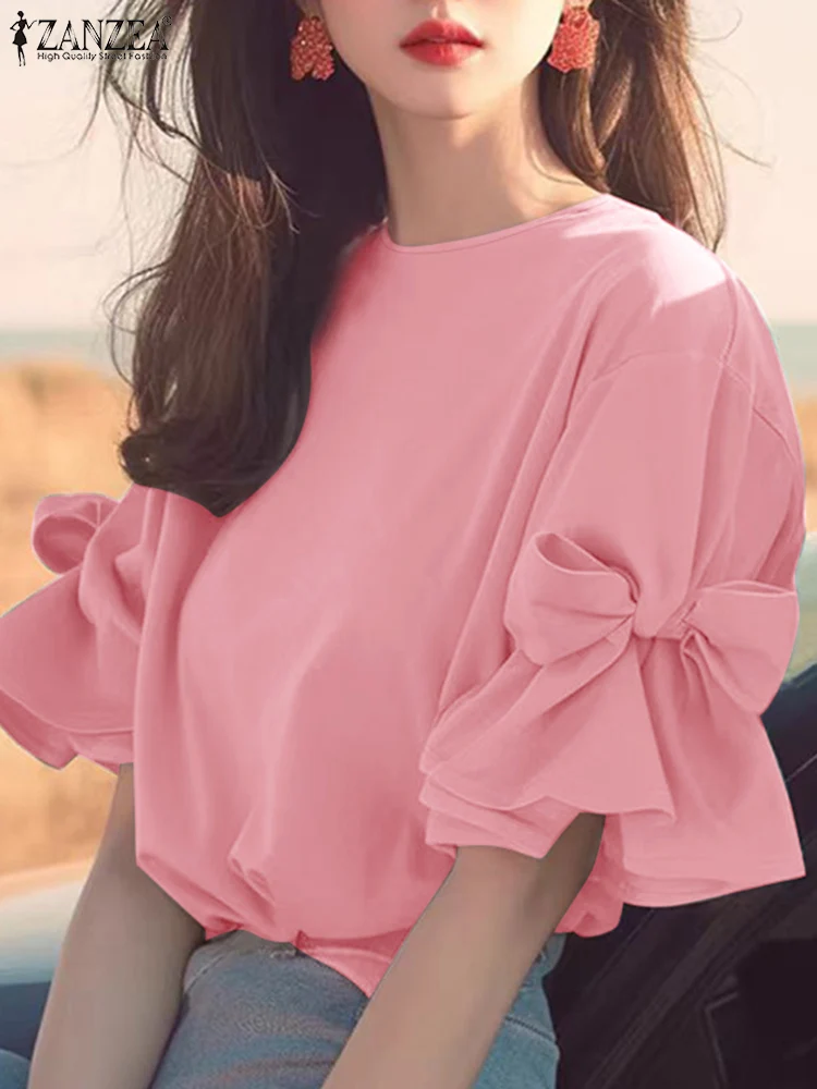 ZANZEA Women Korean Ruffles Chiffon Blouse Autumn Elegant Lantern Short Sleeve Tops Spring Shirt Vintage Bow Tie Patchwork Tunic 3