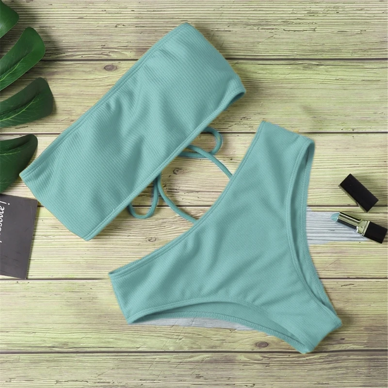 

Топы без бретелек, комплекты бикини для женщин, купальник с полным покрытием и высокой талией, купальный костюм из двух в рубчик