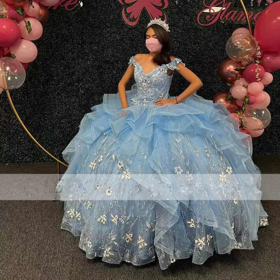 

ANGELSBRIDEP Ice Blue Sequins Lace Quinceanera Dresses Off the Shoulder Ruffles Tiere Handmade Flower Beading Sweet 15 Gowns