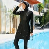 Full Cover Black Muslim Women Swimsuits Swimwear Islamic Long Sleeve Modest Burkinis Tops Pants Cap Suits 3 Pieces Middle East