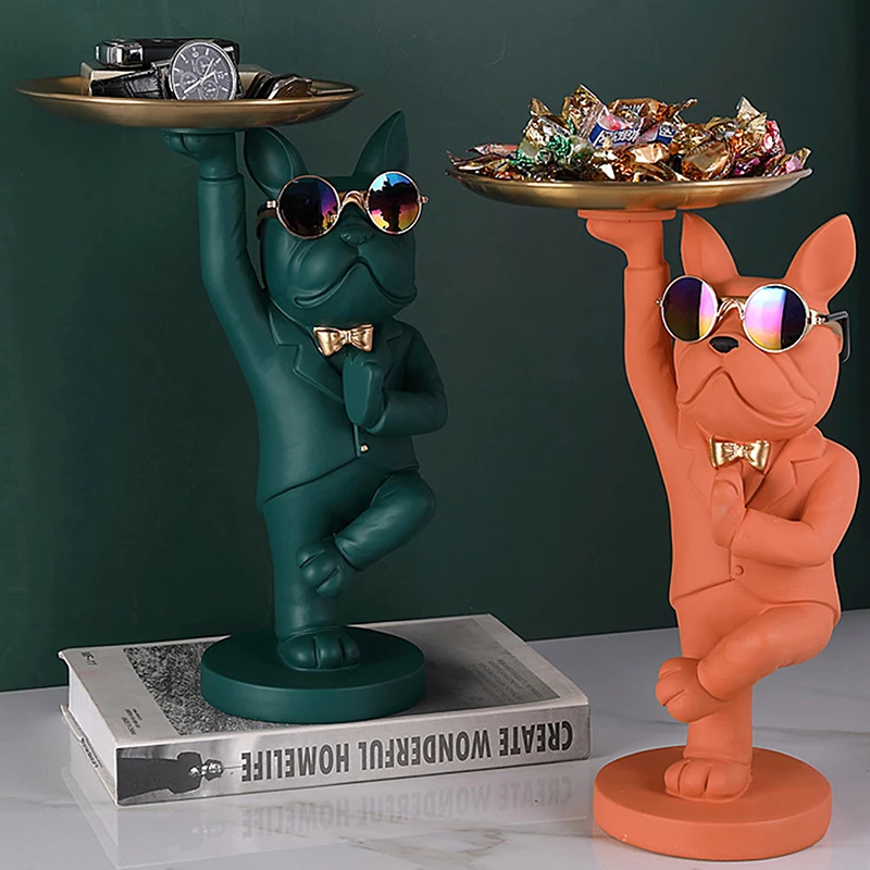 

Resin KungFu Dog Statues Home Decor KungFu Bulldog Animal Figurines with Tray Decorative Keys Candy Storage Basket Decoration