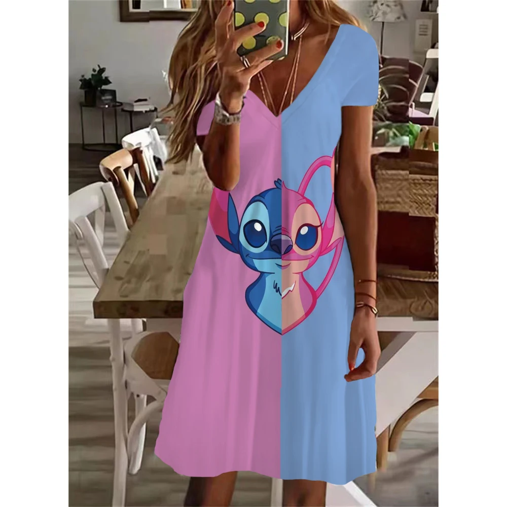 Nuevos vestidos cortos sexis de verano para fiesta para mujer, vestido con cuello en V y estampado de Lilo y Stitch de Disney, vestido hasta la rodilla de manga corta para tallas XS-5XL