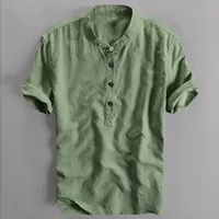 Men's Summer Shirts Plus Size Short Sleeve Lapel Breathable Cotton Linen Tees Top Solid Color Retro Beach Baisc Male Clothing 1