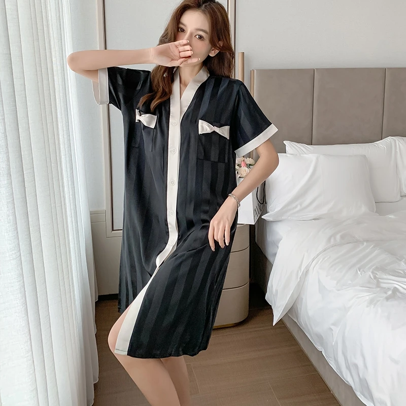 

Summer Women's Night Dress Short Sleeve Sleepshirts Nightgown Lady Girls Nightgowns Nightdress Satin Silk Pajamas Sleepwear