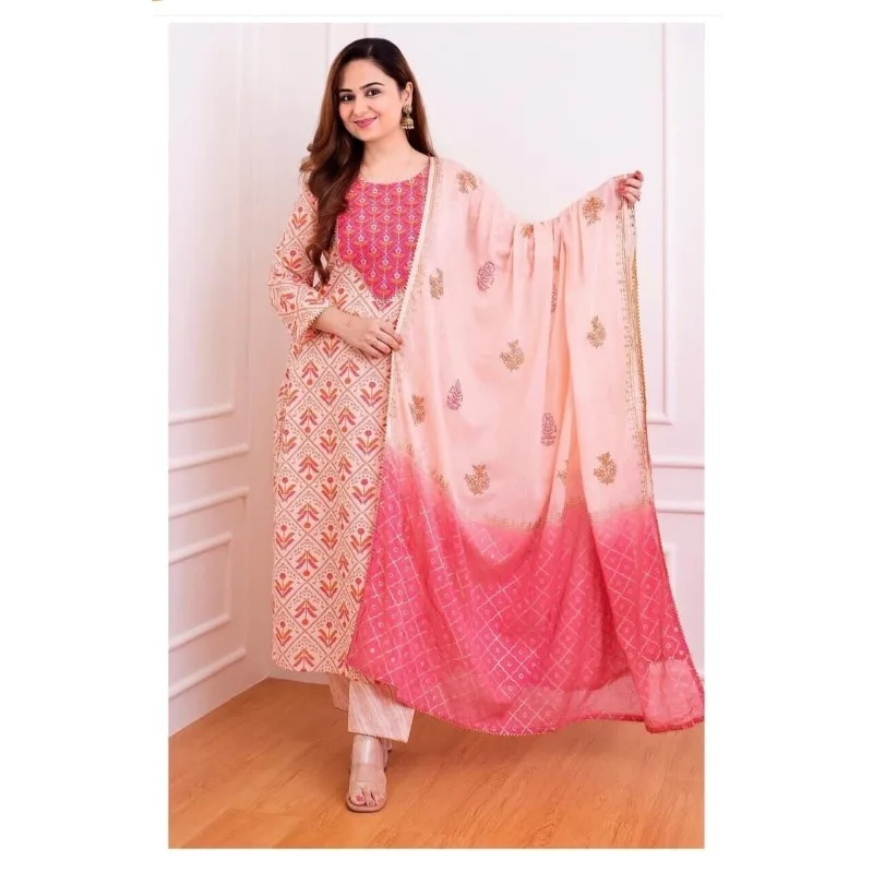 

Straight Kurta Pant Dupatta Set Indian Handmade Rayon Printed Work Salwar Kameez Gift for Her