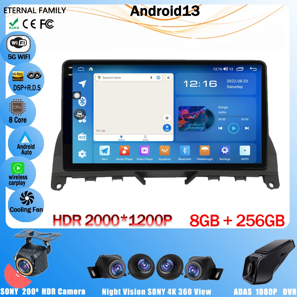 

9 дюймов Android 13 для Mercedes Benz C Class 3 W204 S204 2007 - 2011 автомобильное радио QLED 4G Авторадио Видео мультимедийный плеер Carplay