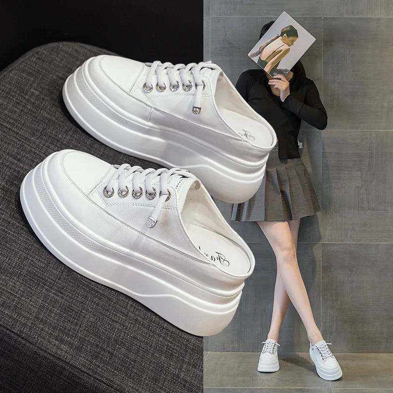 Half Slippers Genuine Leather Women's Casual Shoes Platform Ladies Slippers Lace Up White Elevator Shoe Low Top Female Footwear