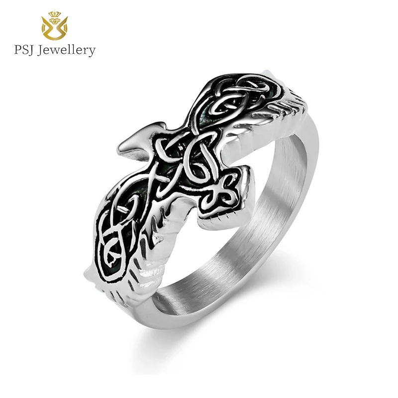 

PSJ Wholesale Vintage Jewelry 13mm Celtic Eternal Knot Engraved Eagle Shaped Titanium Stainless Steel Rings for Men