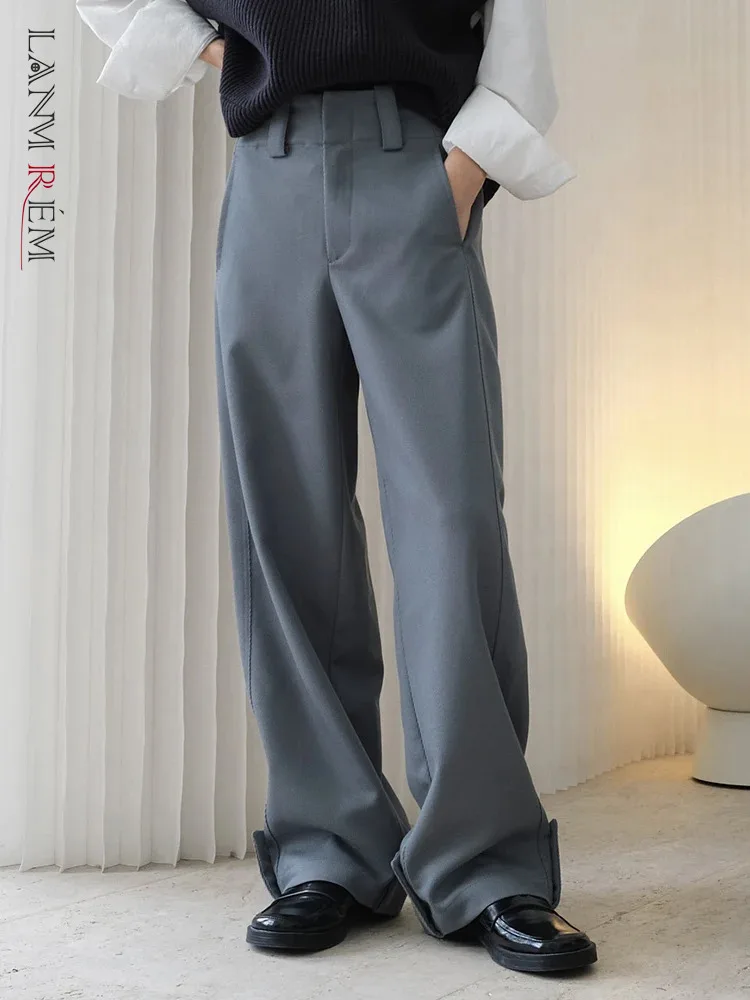 

[LANMREM] High Wiast Wide Leg Pants For Women Solid Straight Office Lady Trousers Minimalism Female Clothing 2024 Spring New