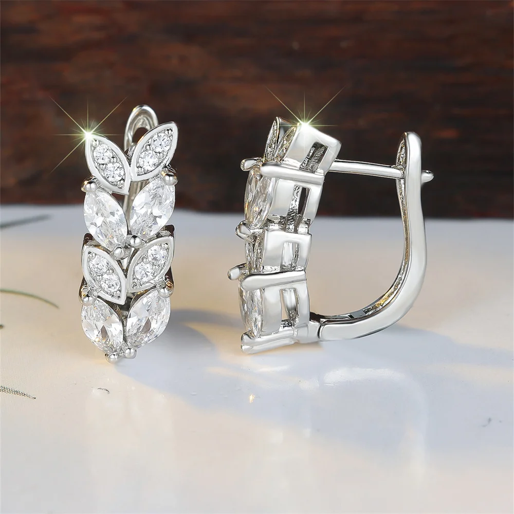 Luxury White Zircon Marquise Stone Tree Leaf Hoop Earrings For Women Vintage Silver Color Ear Buckle Wedding Jewelry Party Gifts