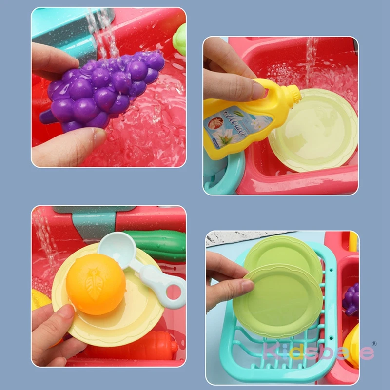 Pretend Play Kitchen Sink Toys with Vegetables and Fruits Electric Dishwasher with Automatic Running Water System