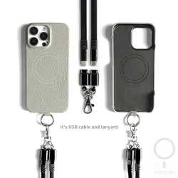 Premium Genuine Leather Magnetic Phone Case with Versatile Lanyard and USB Charging Cable - iPhone 16 (Grey Black Strap)