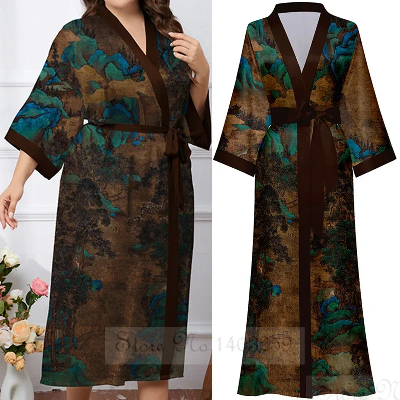 Japanese Style Printed Half Sleeved Kimono Bathrobe Gown Plus Size Women Long Robe Yukata Spring Autumn Satin HomeWear Sleepwear
