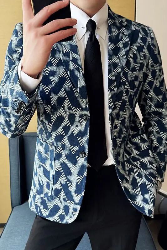 High Quality Denim Jacquard Suit Jacket for Men Slim Fit Business Men Blazers Fashion Casual Streetwear Social Dress Coats