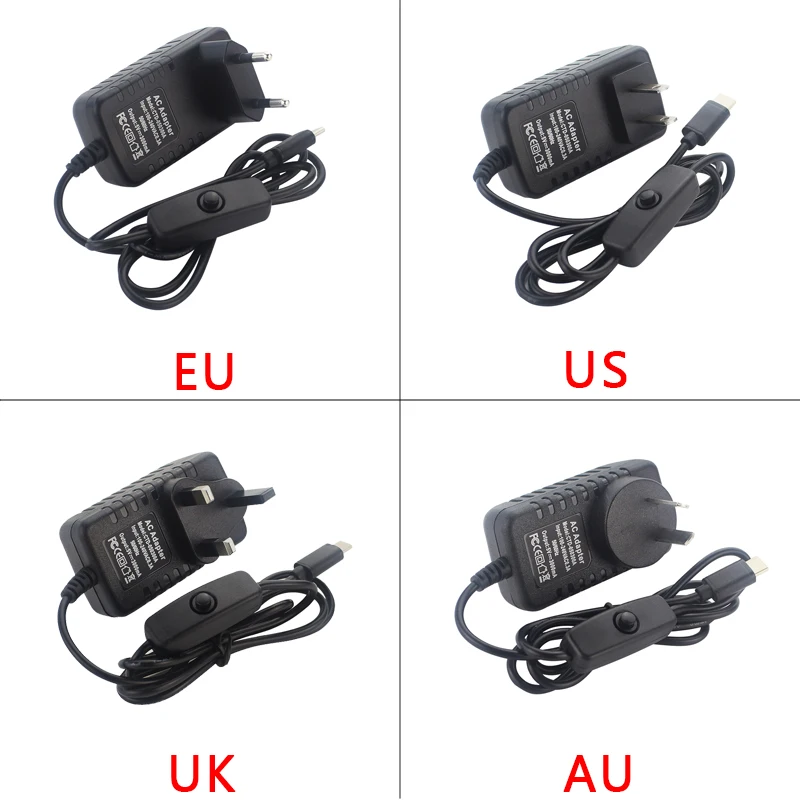 Universal Raspberry Pi Power Supply 5V 3A with USB Type C and Interchangeable Plugs