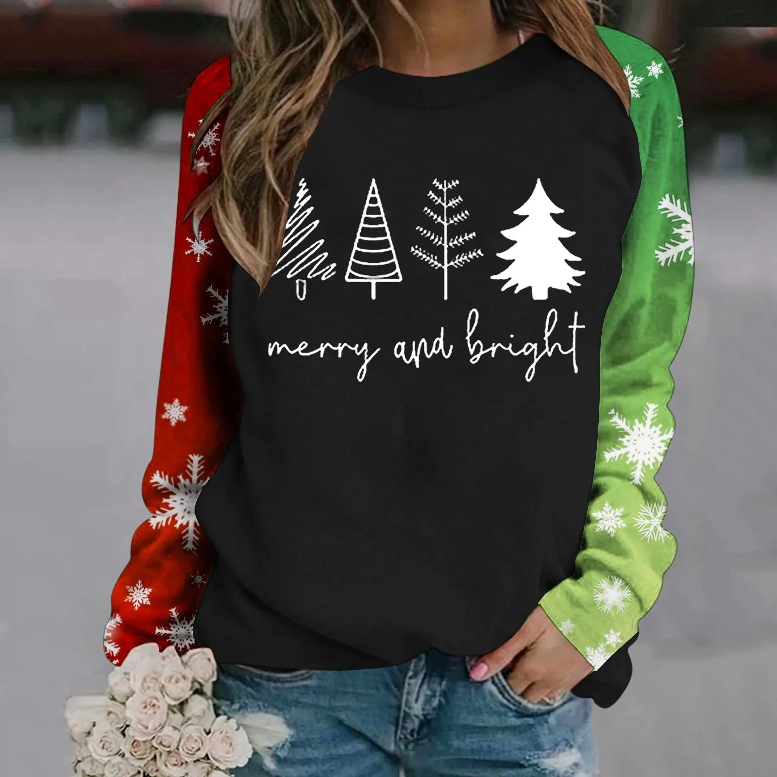 

Womens Autumn And Winter Fashion Christmas Tree Print Two Color Long Sleeve Round Neck Casual Hatless Hot Two Piece Outfit