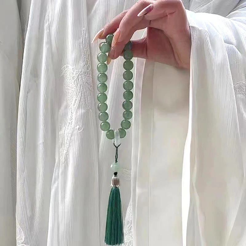 Green Jade Stone Beads Tassel Bracelet Necklace Tibetan Buddhist Mala Buddha Charm Rosary Yoga Men Woman Jewelry