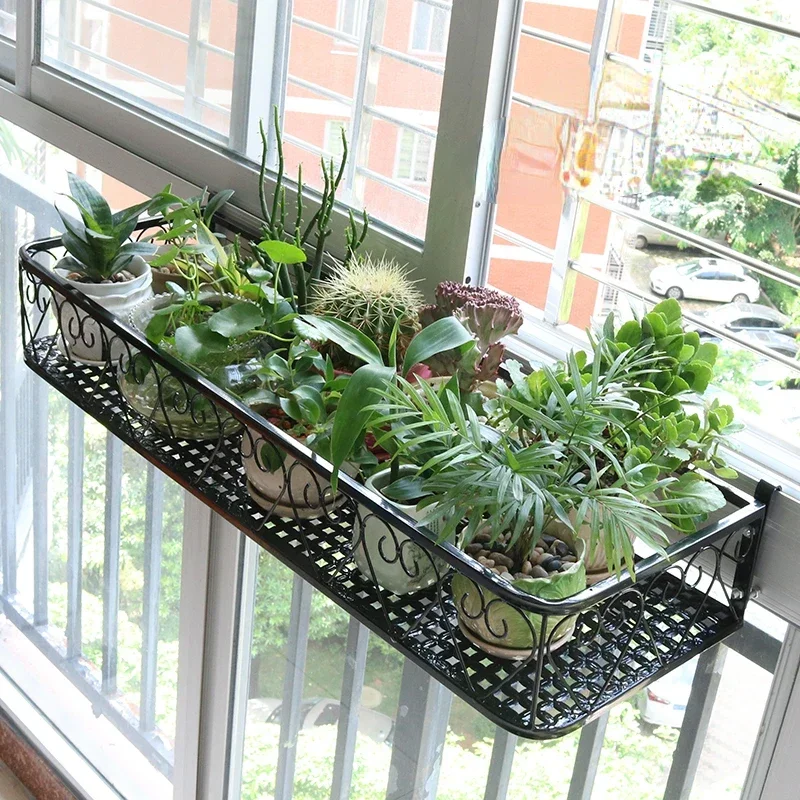 Wrought iron storage shelf, flower rack, balcony hanging plant shelf for railing, pot stand, space saving organizer