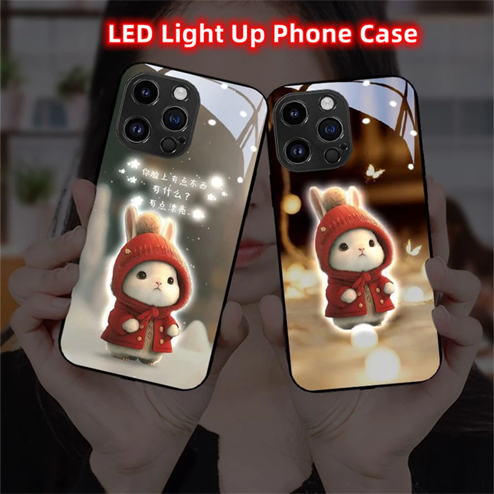 Niedliche Hasen-Soundsteuerungs-LED-Blitzhüllen Leuchtende Glasabdeckung für Samsung S26 S25 S24 S22 S23 S21 S20 FE Note 10 20 Plus Ultra