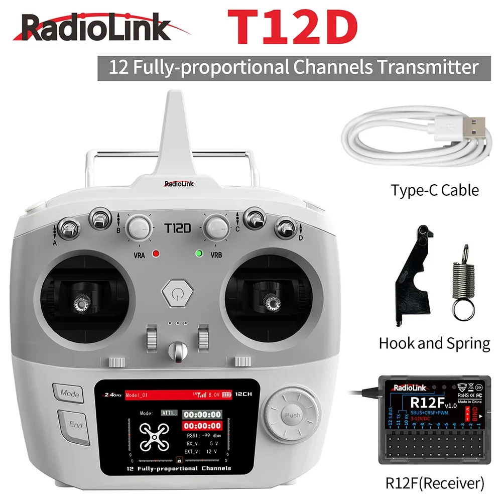 Récepteur R12F connecté à l'émetteur RadioLink T12D, système radio 2.4GHz pour avion RC
