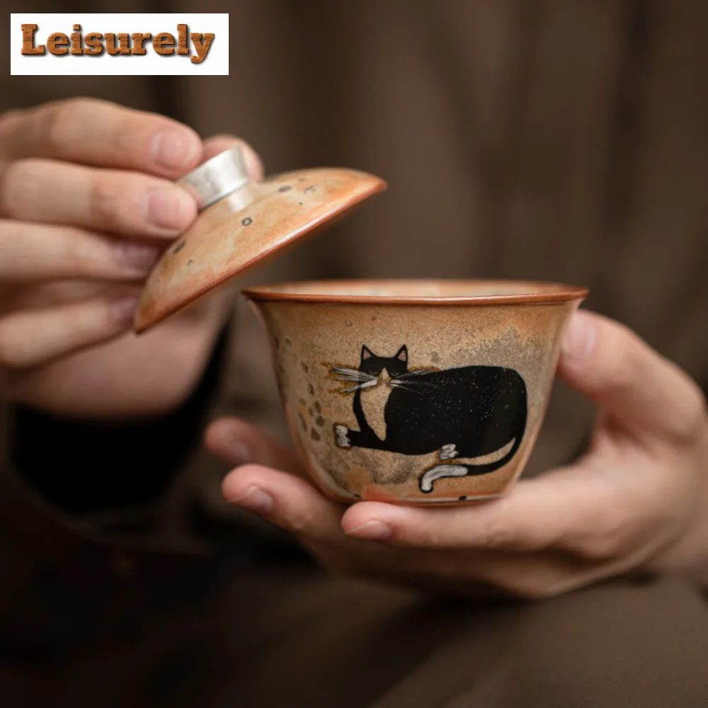 100ml Japanese Kiln Change Zhiye Cat Gaiwan Handmade Silver Wood-fired Porcelain Tea Tureen Tea Maker Cover Bowl Cha Decoration