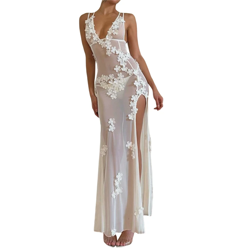 

y2k Long Dresses for Women Summer White See Through V Neck Sleeveless Slit Party Dresses with Flower Decor Beach Club Dresses